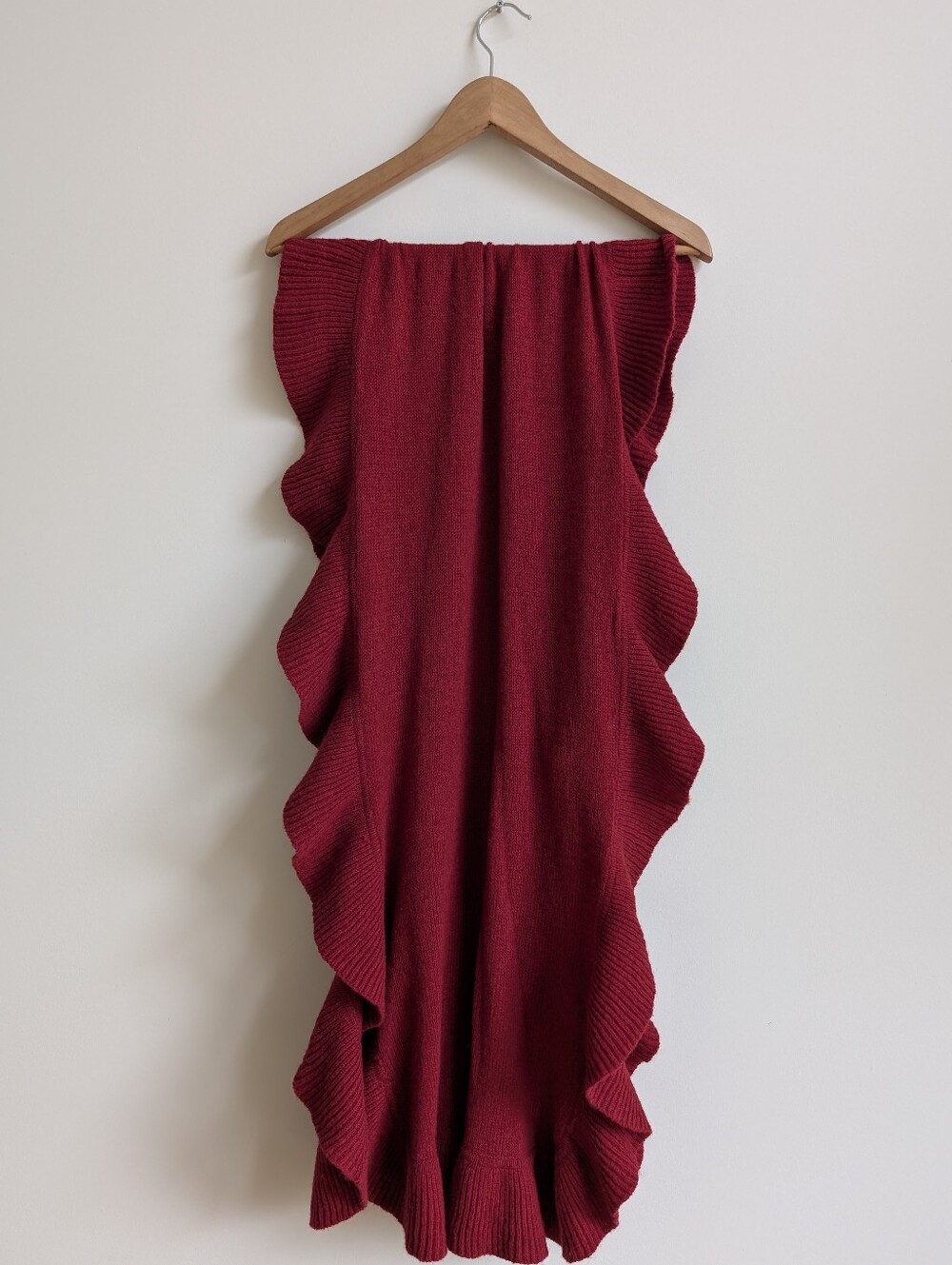 Large Wool Angora Deep Red Ruffle Edge Scarf Wrap - Picture 5 of 11